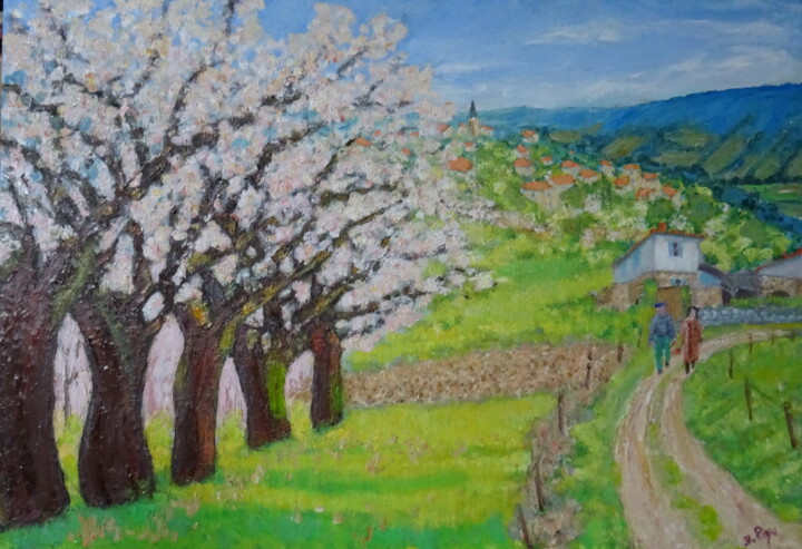Pittura intitolato ""Cerisiers en fleur…" da Emile Paya, Opera d'arte originale, Olio