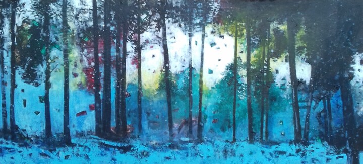 Painting titled "Foret bleue II" by Lorenz, Original Artwork, Oil Mounted on Wood Stretcher frame