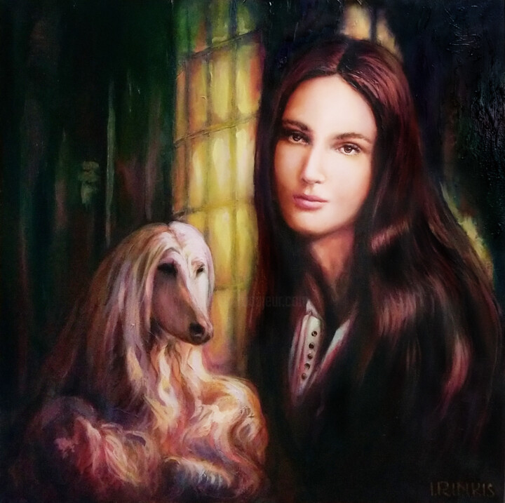 Painting titled "WOMAN WITH WIND DOG" by Ilgonis Rinkis, Original Artwork, Oil