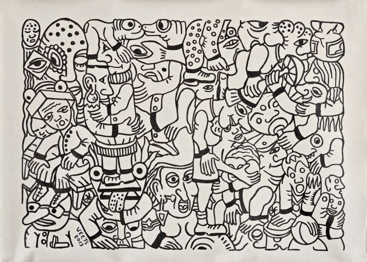 Dibujo titulada "Village rituals" por Eric G. Weets, Obra de arte original, Tinta