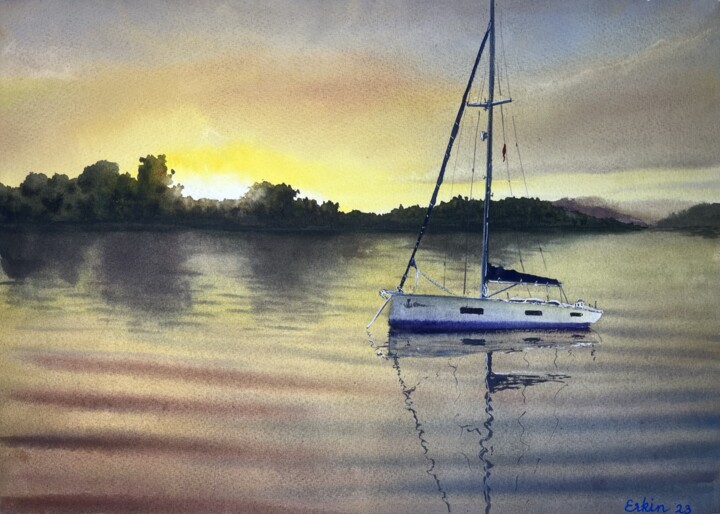 Pintura intitulada "Sunrise Sailboat an…" por Erkin Yılmaz, Obras de arte originais, Aquarela