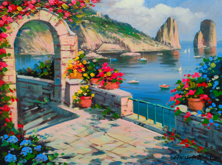 Pintura titulada "Terrace in Capri -…" por Ernesto De Michele, Obra de arte original, Acrílico Montado en Bastidor de camill…