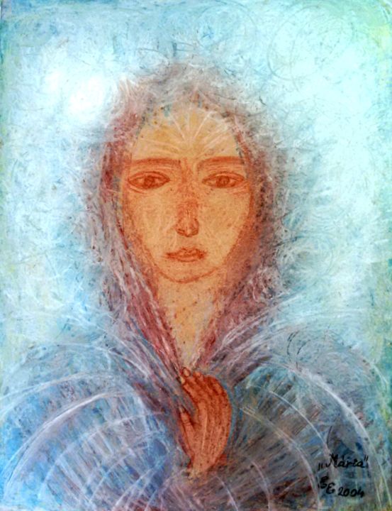 Drawing titled "Maria" by Erzsébet Engi, Original Artwork, Chalk