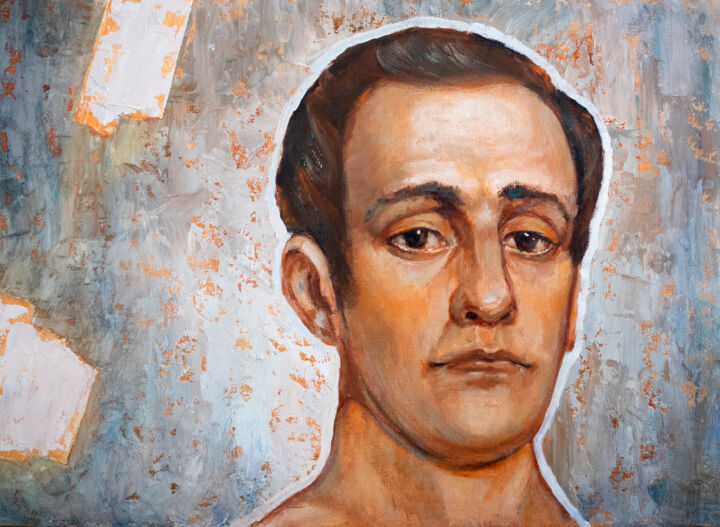 Schilderij getiteld "Portrait of Aleksey…" door Elizaveta Akimova (Esanglier), Origineel Kunstwerk, Olie Gemonteerd op Karton