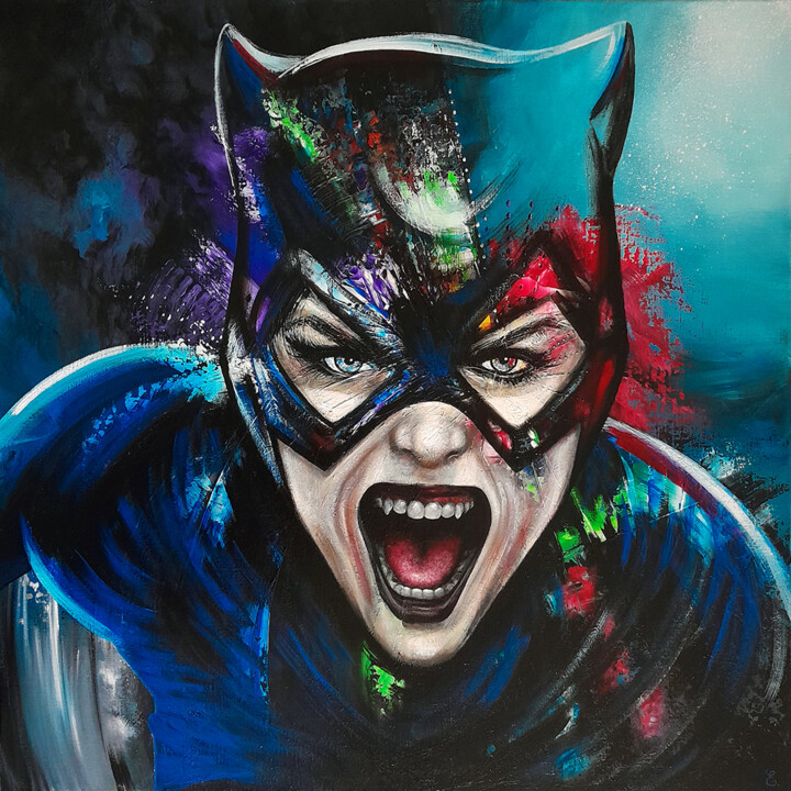 Malerei mit dem Titel ""Angry Catwoman"" von Estelle Barbet, Original-Kunstwerk, Acryl