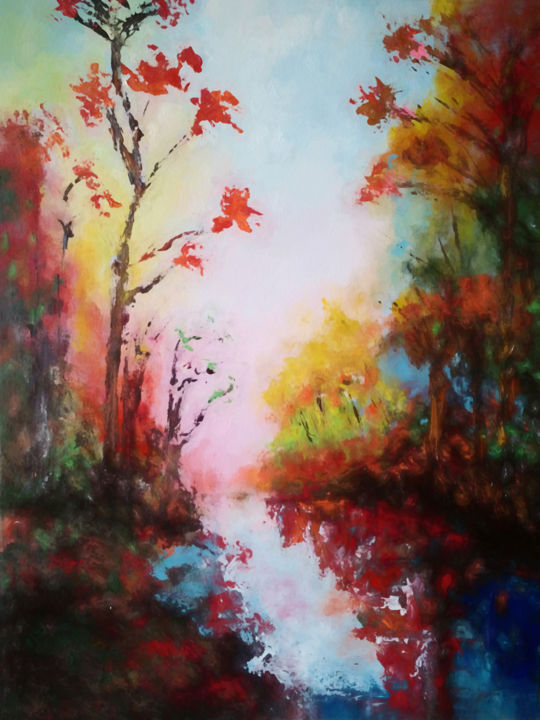 Pintura intitulada "Autumnal landscape" por Angel Estevez, Obras de arte originais, Acrílico