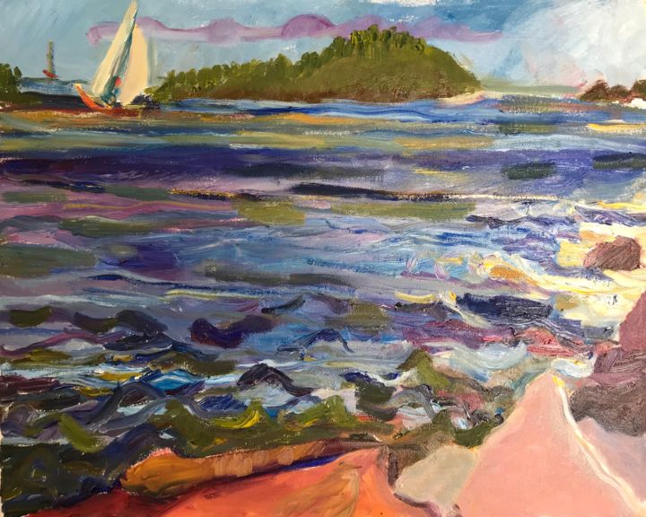 Painting titled "Sailboat" by Esther Garcia Eder, Original Artwork, Oil