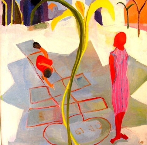 Painting titled "Hopscotch" by Esther Garcia Eder, Original Artwork