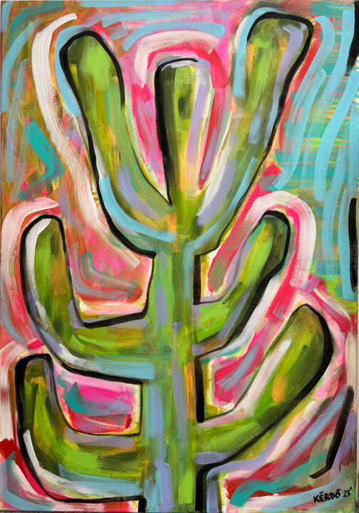 Ζωγραφική με τίτλο "Sunday Cactus" από Eszter Kerdö, Αυθεντικά έργα τέχνης, Ακρυλικό Τοποθετήθηκε στο Ξύλινο φορείο σκελετό