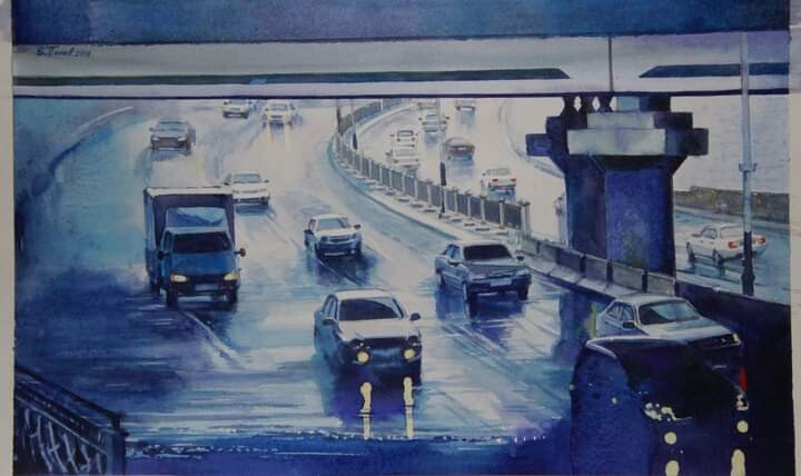 Malerei mit dem Titel "Road. Rain..." von Eugene Panov, Original-Kunstwerk, Aquarell