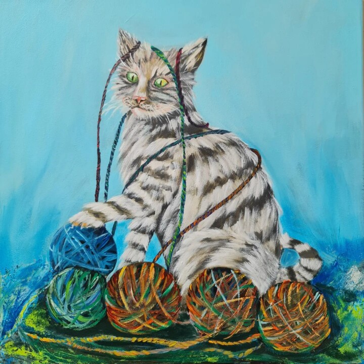 Malerei mit dem Titel "Naughty Cat" von Eugenia Chicu Touma, Original-Kunstwerk, Acryl Auf Keilrahmen aus Holz montiert