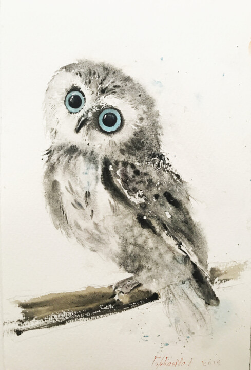 Pittura intitolato "Little owl on a bra…" da Eugenia Gorbacheva, Opera d'arte originale, Acquarello