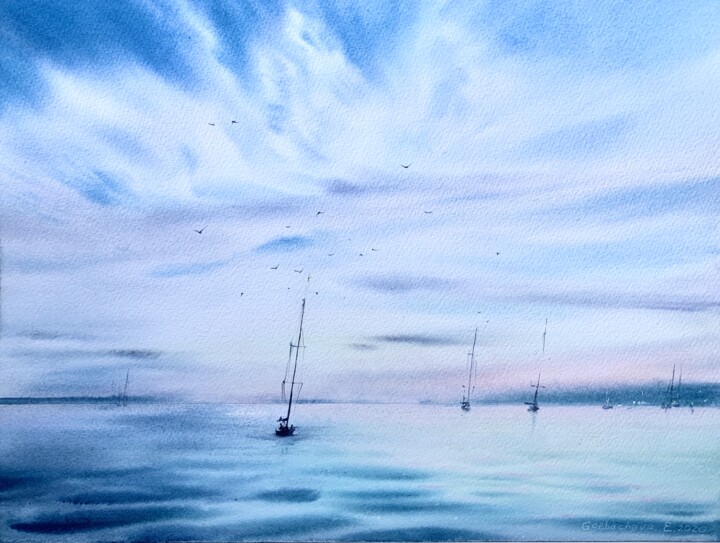 Pintura titulada "Yachts at anchor #6" por Eugenia Gorbacheva, Obra de arte original, Acuarela