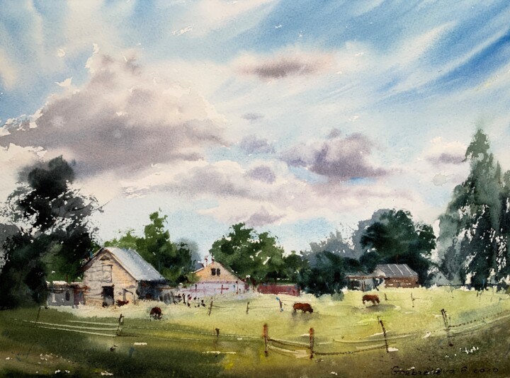 Malerei mit dem Titel "Morning on the Farm…" von Eugenia Gorbacheva, Original-Kunstwerk, Aquarell