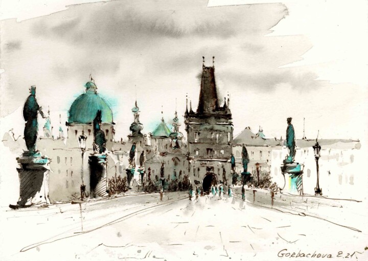 Painting titled "Charles Bridge, Pra…" by Eugenia Gorbacheva, Original Artwork, Gel pen