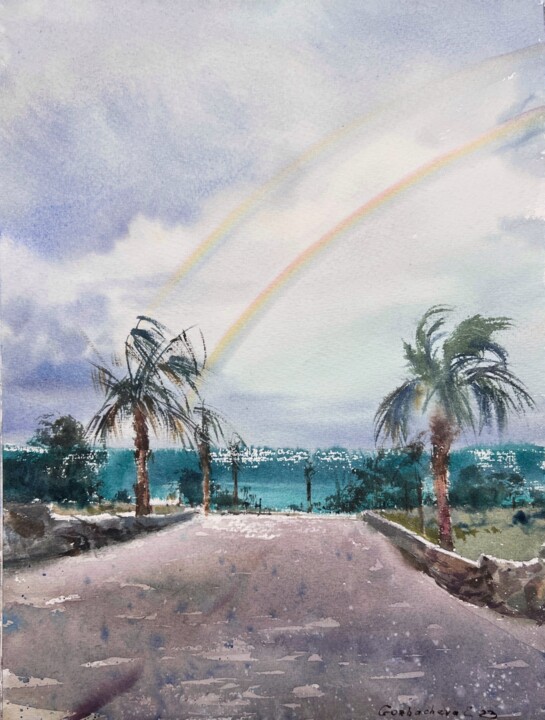 Peinture intitulée "Rainbow over the se…" par Eugenia Gorbacheva, Œuvre d'art originale, Aquarelle