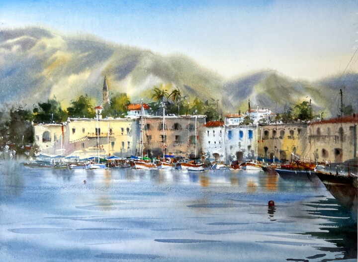 Peinture intitulée "Old port of Girne #2" par Eugenia Gorbacheva, Œuvre d'art originale, Aquarelle