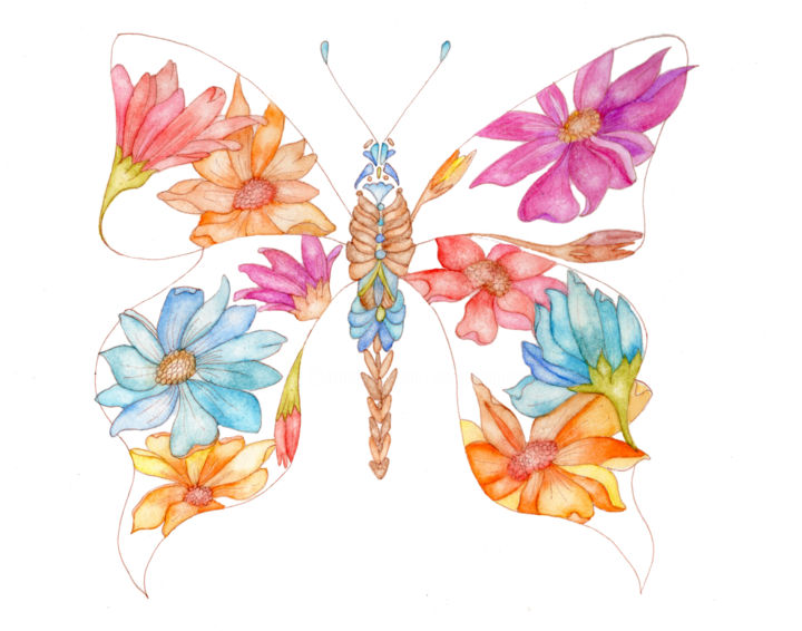Ζωγραφική με τίτλο "Floral Butterfly" από Eva B Art Watercolours, Αυθεντικά έργα τέχνης, Ακουαρέλα