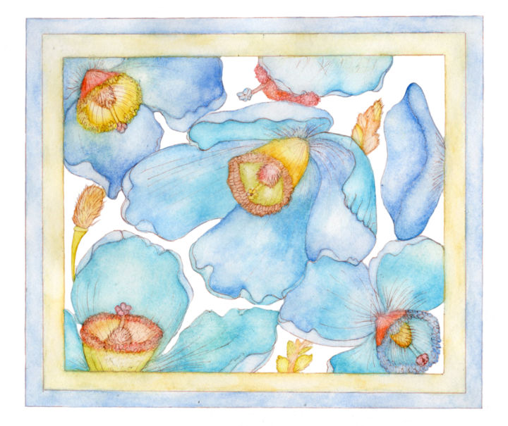 Dibujo titulada "Blue Flowers" por Eva B Art Watercolours, Obra de arte original