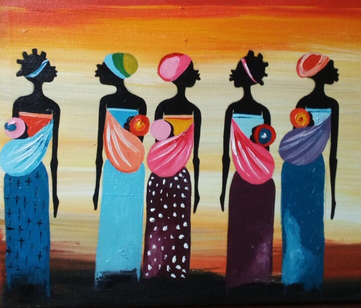 Pintura intitulada "Motherhood II paint…" por Evelyn Babirye, Obras de arte originais, Acrílico