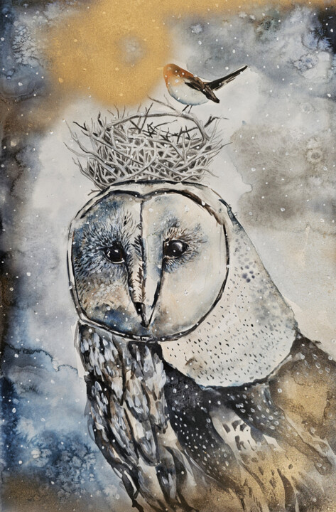 Painting titled "Golden Owl" by Evgenia Smirnova, Original Artwork, Watercolor