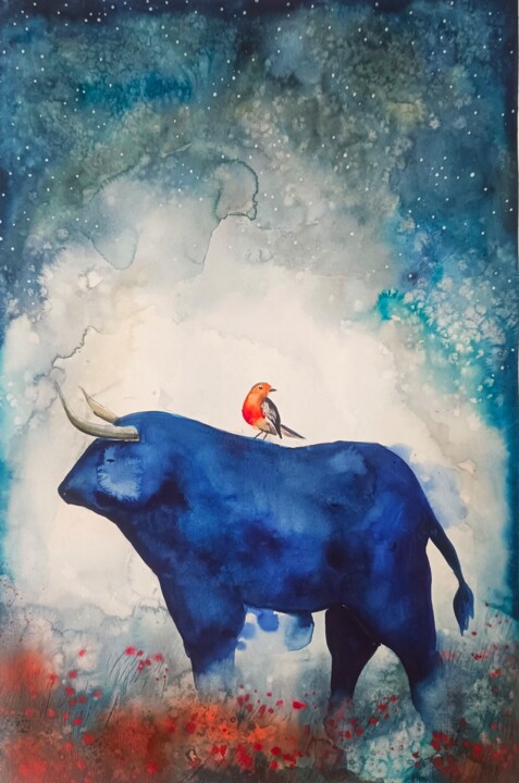 Painting titled "Toro Blu" by Evgenia Smirnova, Original Artwork, Watercolor