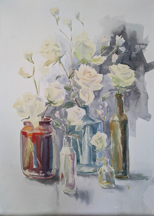 Картина под названием "Стекло и розы" - Евгения Гречановская, Подлинное произведение искусства, Акварель