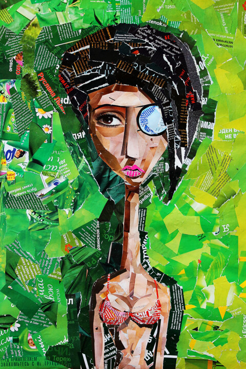 Collages intitulée "green girl" par Evgenii Garan, Œuvre d'art originale, Collages