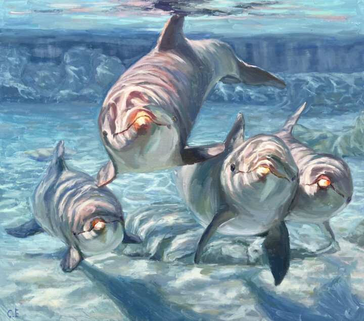 Painting titled "Dolphins" by Evgeny Chernyakovsky, Original Artwork, Oil Mounted on Wood Stretcher frame