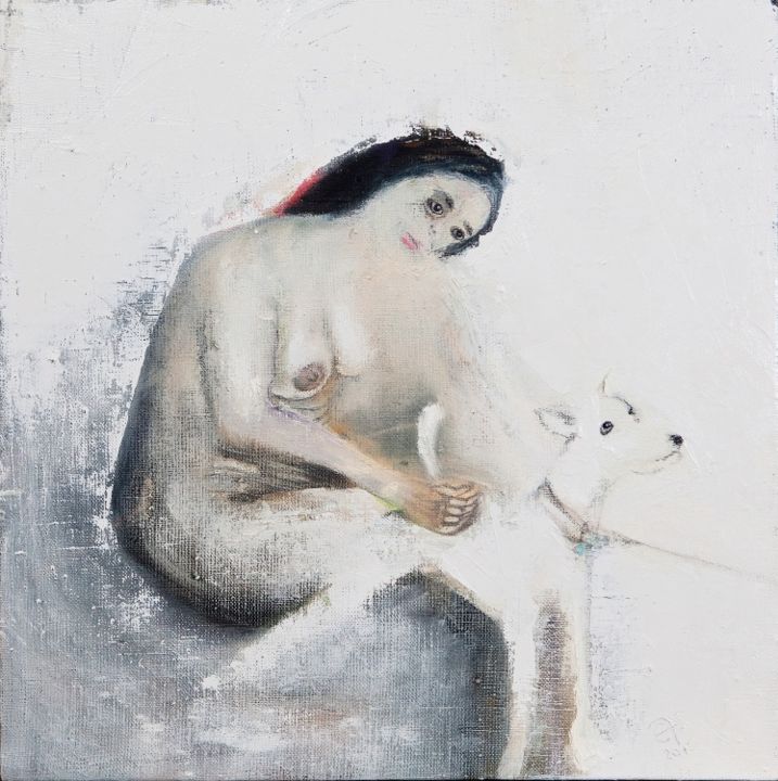 Painting titled "Do not go, doggy..." by Efs, Original Artwork, Oil