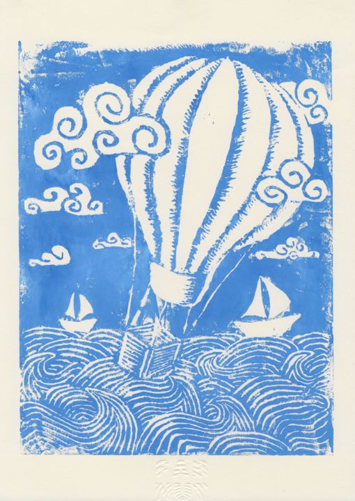 Prenten & gravures getiteld "Hot Air Balloon" door Fab Nut, Origineel Kunstwerk, Linosnede