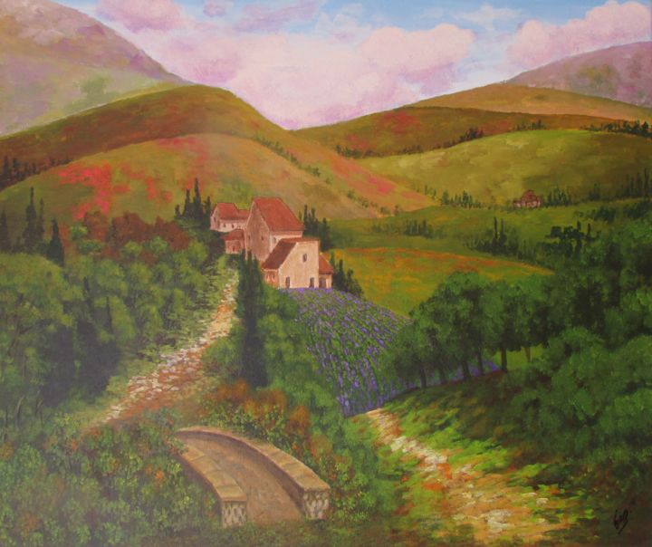 Painting titled "Camino y puente ent…" by Fabiana Iglesias, Original Artwork, Acrylic Mounted on Wood Stretcher frame