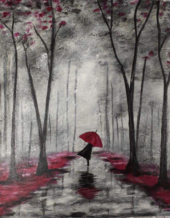 Malerei mit dem Titel "Balade sous la pluie" von Fabienne Dequidt, Original-Kunstwerk, Acryl