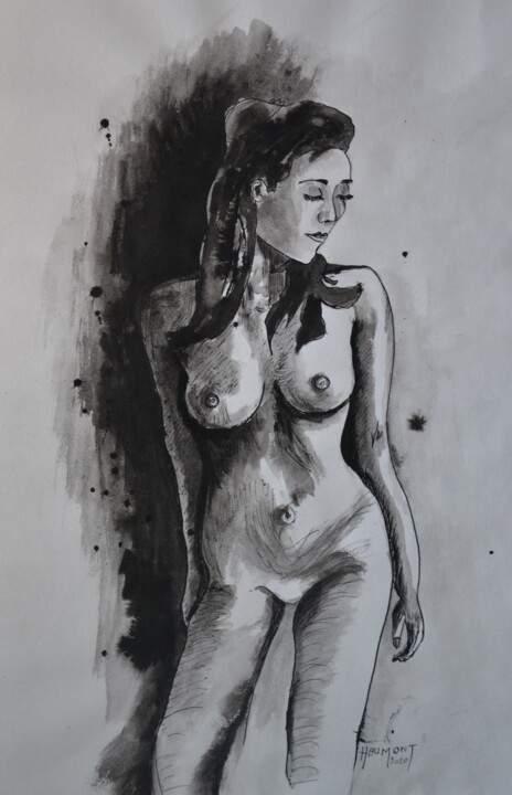 Dibujo titulada "Nudité" por Fabienne Haumont, Obra de arte original, Tinta