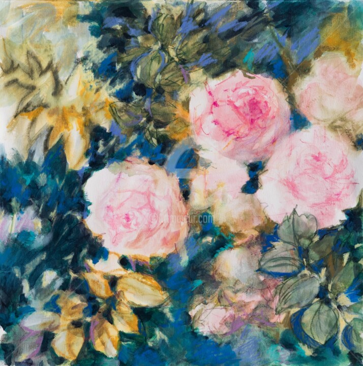 Peinture intitulée "Roses d'automne" par Fabienne Monestier, Œuvre d'art originale, Acrylique Monté sur Châssis en bois