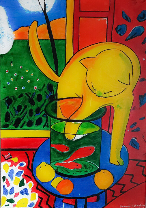 Ζωγραφική με τίτλο "Le chat aux poisson…" από Fabrice Hubert, Αυθεντικά έργα τέχνης, Ακρυλικό Τοποθετήθηκε στο Ξύλινο φορείο…