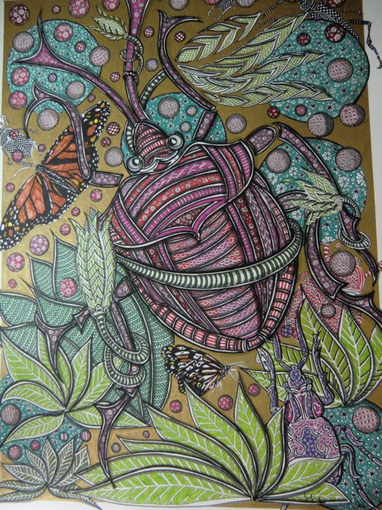 Disegno intitolato "scarabee-violet.jpg" da Fatiha El Hadi, Opera d'arte originale, Inchiostro
