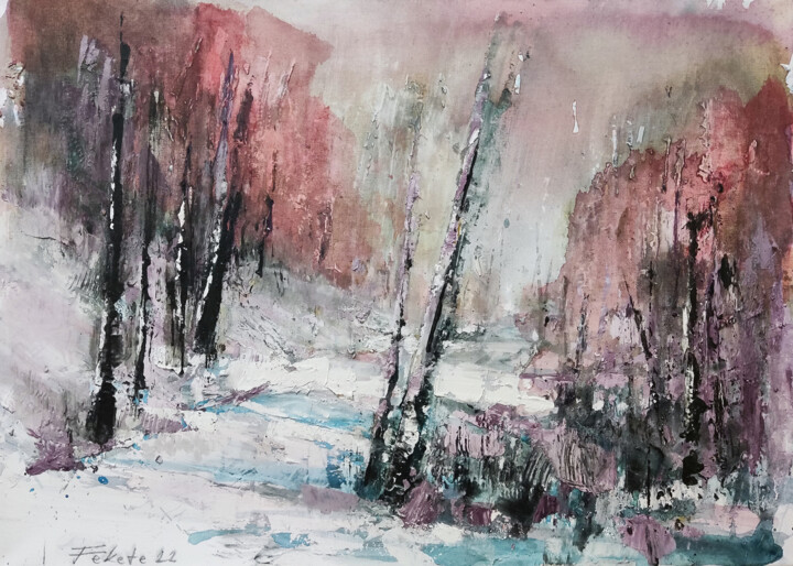 Peinture intitulée "Snowy road" par Jan Fekete, Œuvre d'art originale, Acrylique