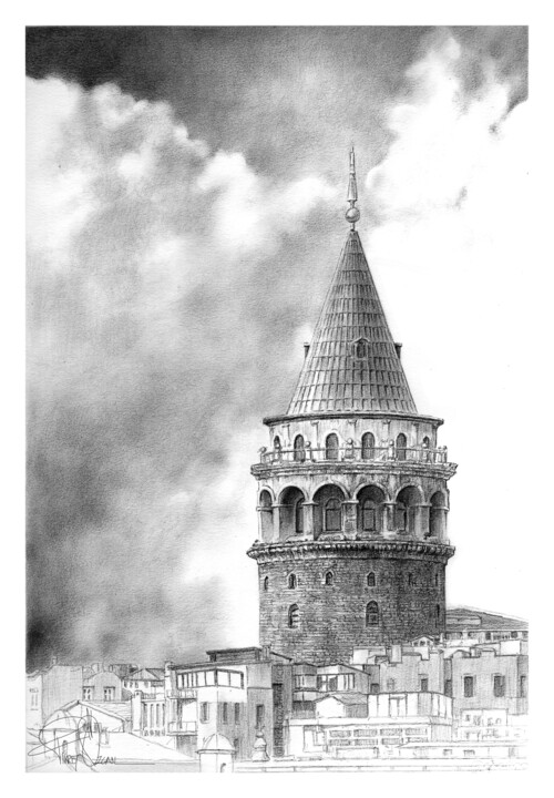 Zeichnungen mit dem Titel "İstanbul Galata Tow…" von Fikret Özcan, Original-Kunstwerk, Graphit