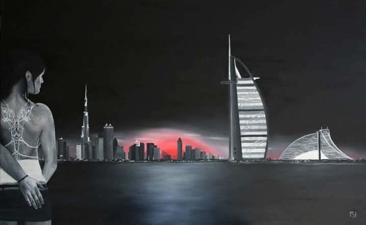 Pittura intitolato "Dubai - The Revelat…" da Fil Cool, Opera d'arte originale, Olio Montato su Telaio per barella in legno