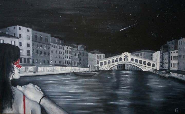 Painting titled "Venice - The Wish" by Fil Cool, Original Artwork, Oil Mounted on Wood Stretcher frame