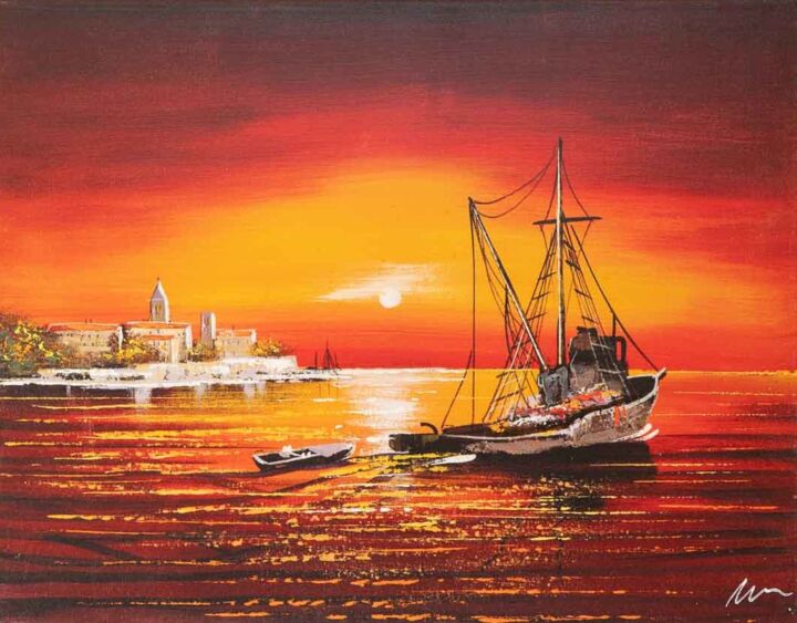 「Red Sunset City of…」というタイトルの絵画 Filip Petrovicによって, オリジナルのアートワーク, アクリル
