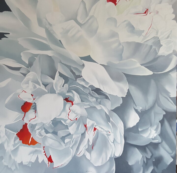 Painting titled "WHITE PEONY N.6" by Luigi Maria De Rubeis, Original Artwork, Oil