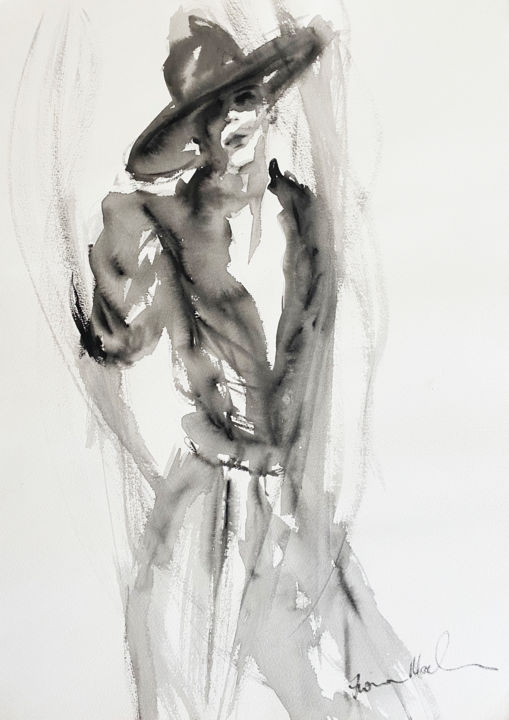 Pintura intitulada "David in hat" por Fiona Maclean, Obras de arte originais, Aquarela