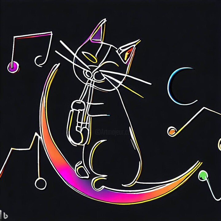 Arte digitale intitolato "Chat Jazzy by night" da Flavie Rochereuil, Opera d'arte originale, Immagine generata dall'IA