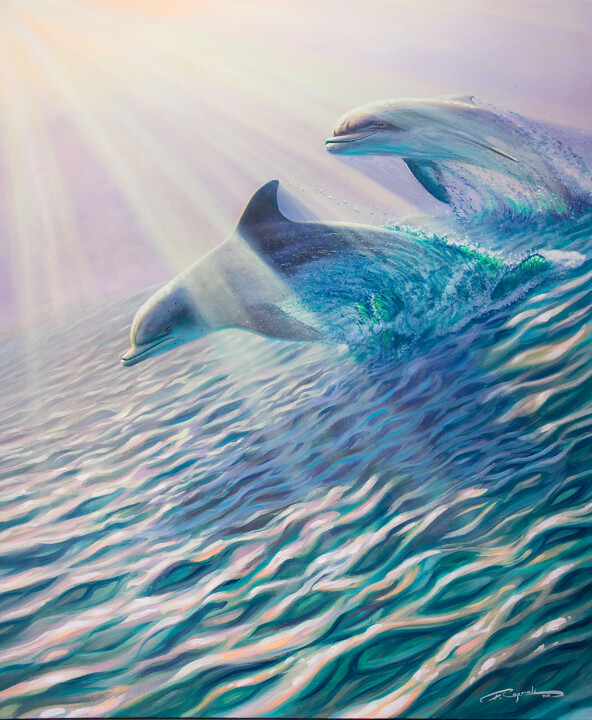 Painting titled "DELFINES EN LA NIEB…" by Flavio Augusto Caporali, Original Artwork, Acrylic Mounted on Wood Stretcher frame