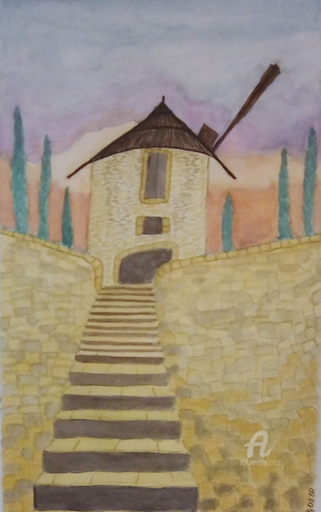 Ζωγραφική με τίτλο "le moulin" από Fbscnv, Αυθεντικά έργα τέχνης, Ακουαρέλα