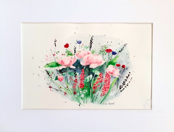 Painting titled "Roses et végétaux" by Florence Mignot, Original Artwork, Watercolor