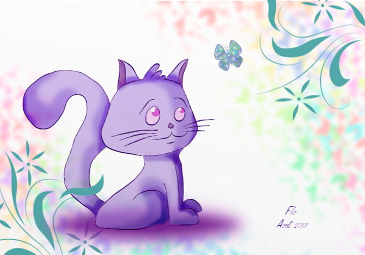 Digital Arts titled "Le chat et le papil…" by Flo, Original Artwork, Digital Painting