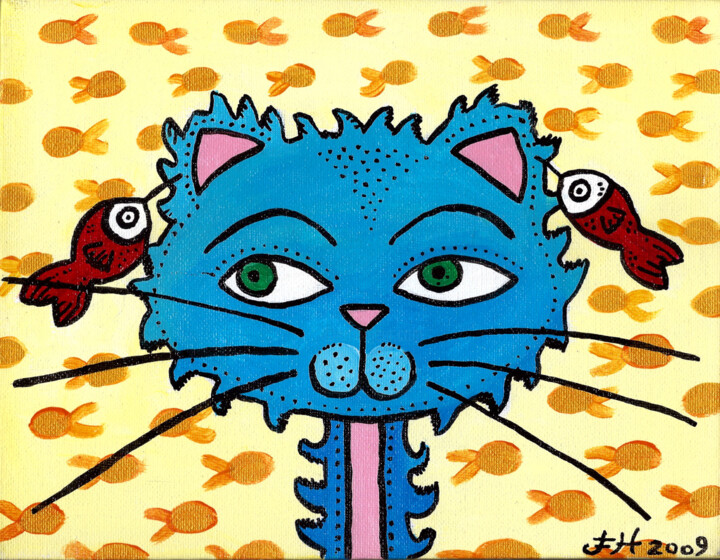 Peinture intitulée "Art Naïf : Chat ble…" par Florence H, Œuvre d'art originale, Acrylique